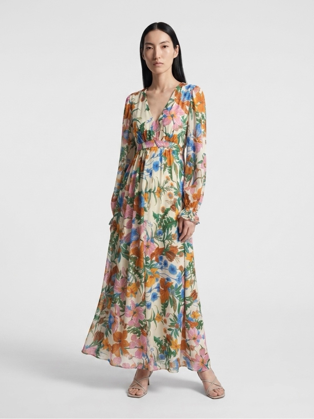 NWT Aura Cream Floral V-Neck Long Balloon Sleeve Boho Maxi Dress Gardencore